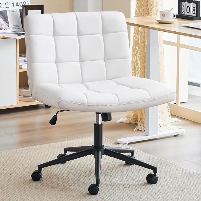 Furnimart Criss Cross Desk Char Wide Seat with Wheels, 360° Swivel Cross Legged Desk Chair Thick Cushion, Comfy Armless Home Office Chair for Bedroom, Vanity, Sturdy (Faux Leather White)