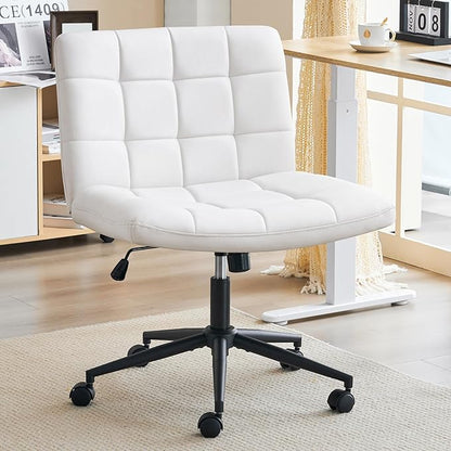 Furnimart Criss Cross Desk Char Wide Seat with Wheels, 360° Swivel Cross Legged Desk Chair Thick Cushion, Comfy Armless Home Office Chair for Bedroom, Vanity, Sturdy (Faux Leather White)