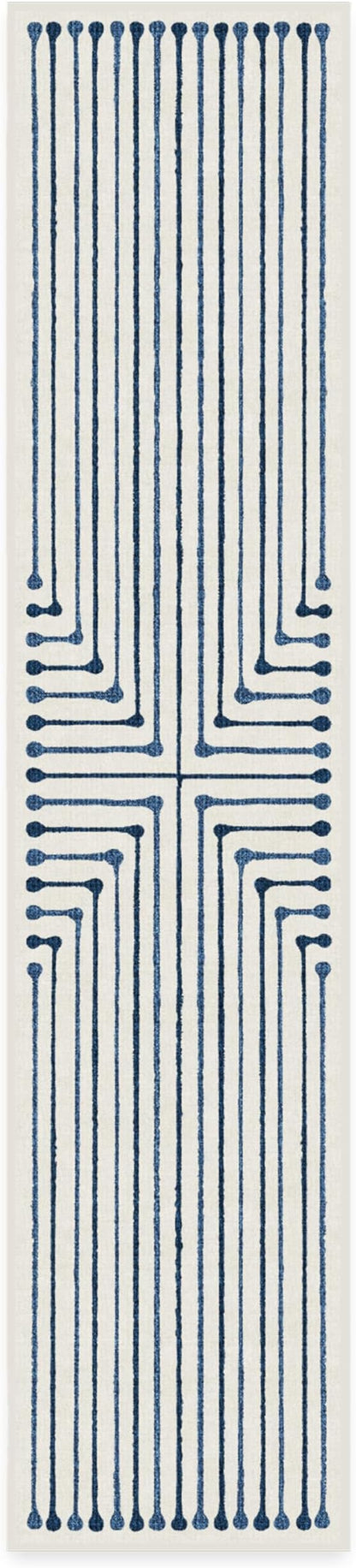 RUGGABLE x Jonathan Adler Machine Washable Modern Runner Rug – Inkdrop Slate Blue 2.5x12, Stain-Resistant, Non-Slip – Washable Rug for Hallway, Entryway, Living Room & Kitchen–with Standard Pad