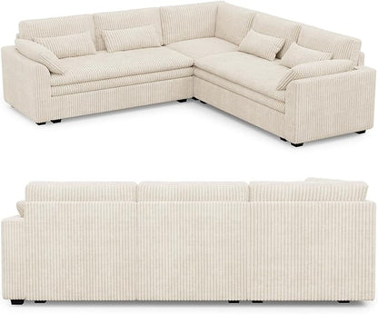Belffin Large Modular Sectional Sofa with Double 61" Loveseat, Corduroy Corner Couch with 9" Soft Dual-Layer Seats Cushion for Living Room, Apartment, Small Sapce, Beige