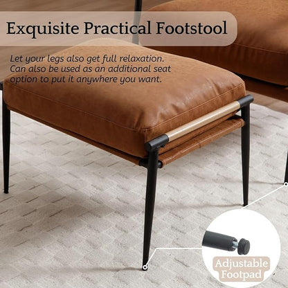 LukeAlon Mid-Century PU Leather Accent Chair with Ottoman, Soft Living Room Chair with Metal Legs Wood Arms Modern Upholstered Lounge Chair Leisure Chair with Footstool for Bedroom Reading Room, Brown