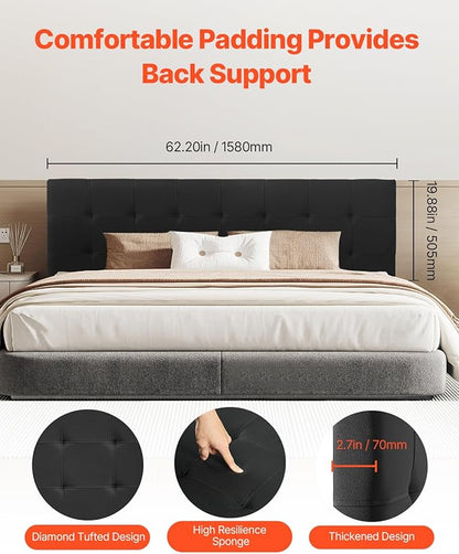 VEVOR Headboard, Queen Size Headboard with Adjustable Height, Comfortable Diamond Tufted for Queen Size Bed, W62.2 x H(42.72-54.53) x D2.76 in, Ideal for Bedroom, Hotel, Homestay, Dormitory, Black