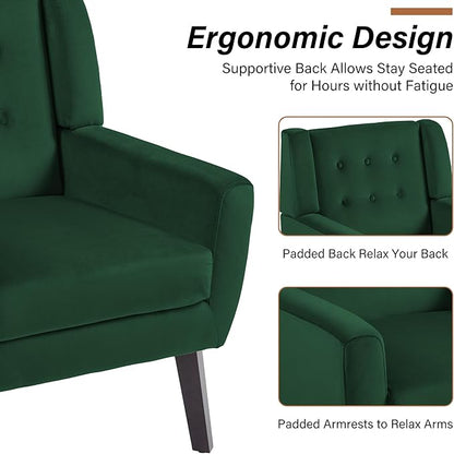Lumibee Accent Chair, Modern Velevet Armchair for Living Room, Comfy Upholstered Arm Chair Tufted for Indoor Bedroom Office Room (Retro Green Velvet)