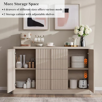 Buffet Cabinet with Storage, 120" Fluted Sideboard with 8 Drawers & 4 Door–Modern Accent Buffet Cabinet with Adjustable Shelves, Credenza Storage Cabinet for Kitchen Living Room, White Alder(2PC)