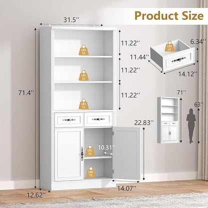 72'' Tall Bookcase with Doors and Drawers, Adjustable Shelves, P2 MDF Construction, 32'' Wide Freestanding Cabinet with Metal Handles, Hidden Storage for Living Room, Bedroom, White