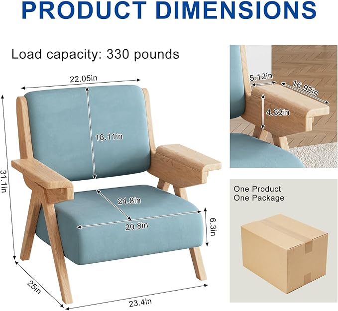 Mid Century Modern Accent Chair Set of 2, Fabric Upholstered Lounge Arm Chairs with Solid Wood Frame for Living Room, Bedroom, Office, Reading Corner (Blue)