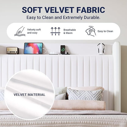 Allewie Queen Size Platform Bed Frame with USB Charging Station and Storage Shelf/Upholstered Velvet Wingback Headboard/Wooden Slats Support/No Box Spring Needed/Easy Assembly, White
