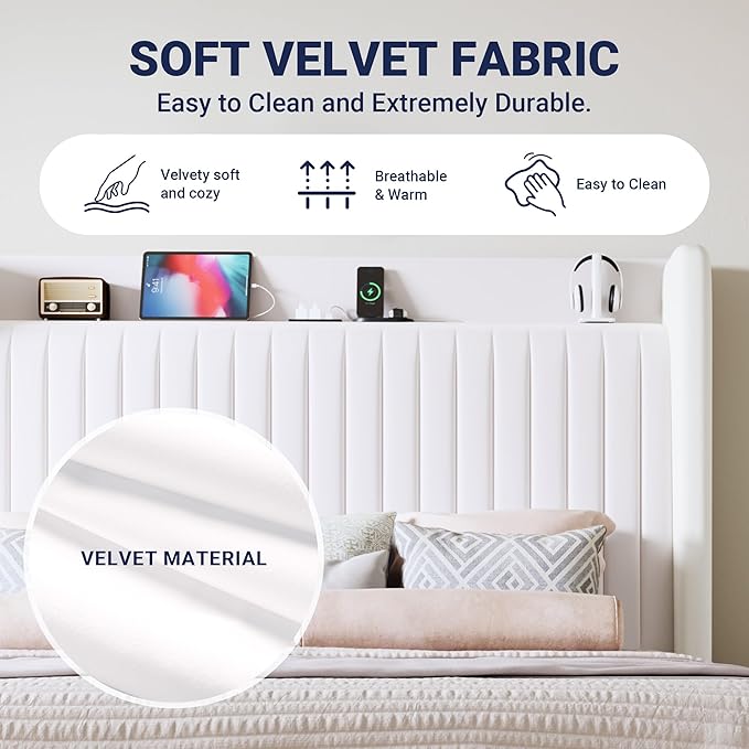 Allewie King Size Platform Bed Frame with USB Charging Station and Storage Shelf/Upholstered Velvet Wingback Headboard/Wooden Slats Support/No Box Spring Needed/Easy Assembly, White