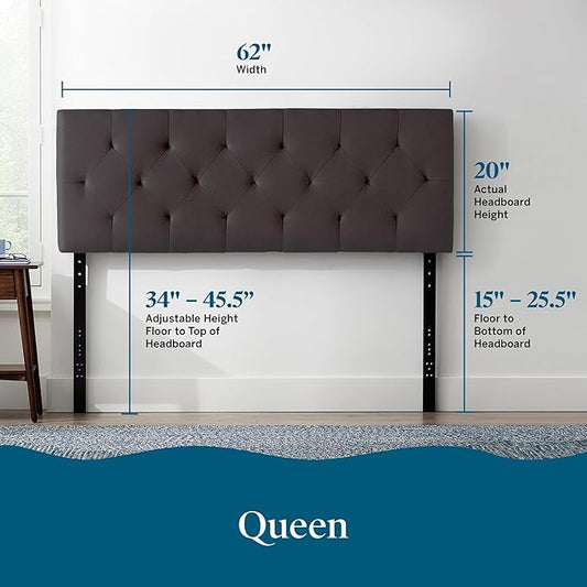 Lucid Mid-Rise Upholstered Headboard - Diamond Tufted - Padded Polyester - Adjustable Height from 34” to 46” - Easy Assembly - Bed Frame or Wall Mount - Sturdy - Charcoal - Queen Size