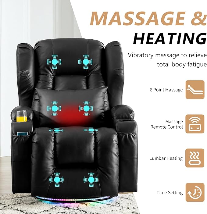 Power Swivel Rocker Recliner Chairs, Electric Wall Hugger Reclining Sofa with Massage & Heat, Comfy Theater Seating Single Chair with LED Light/USB/Type-C Ports (Leather Black, Single Chair)