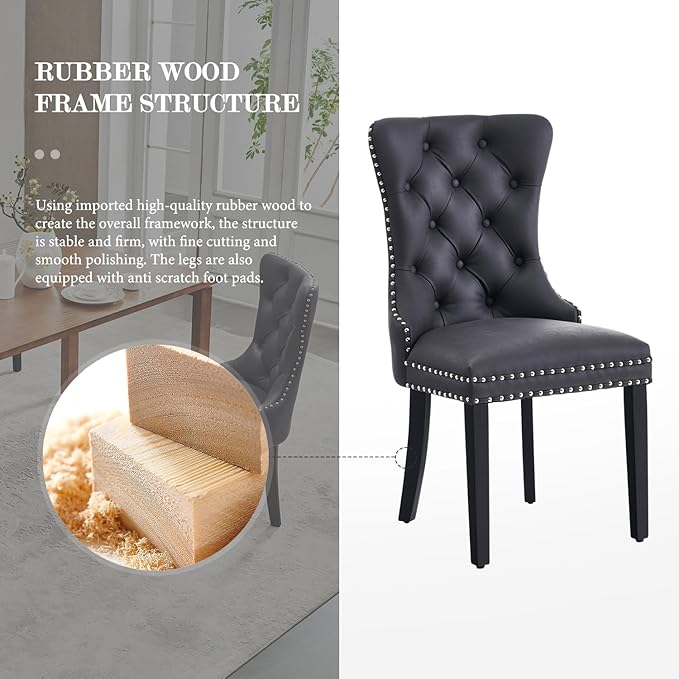 Leather Dining Chair Set of 6, Dining Room Chairs with Nailhead Ring Pull Trim, Upholstered Dining Chairs with Solid Wood Legs for Kitchen Dining Room (Black)