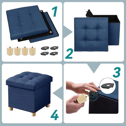 BRIAN & DANY Ottoman with Storage, Small Storage Ottoman for Dorm, Linen Folding Ottoman Foot Stool with Legs for Living Room and Bedroom, 15"x15"x15" - Blue