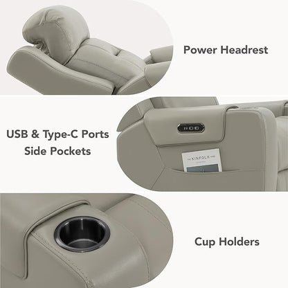 Watson & Whitely Oversized Genuine Leather Power Recliner Chairs for Big and Tall, Extra Wide Lay Flat Recliner with Power Headrest & Cup Holders, Electric Reclining Sofa for Living Room, Grey