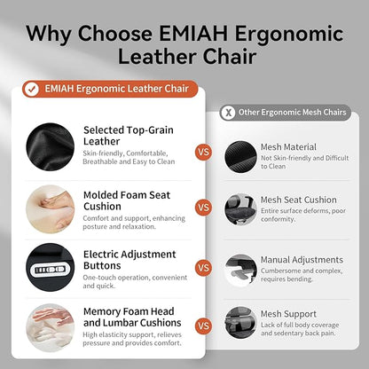EMIAH Ergonomic Office Chair with Foot Rest Electric Reclining Office Chair with Adjustable Headrest, 8D Coordinated Armrests High Back Computer Desk Chair with Lumbar Support, Genuine Leather(Black)