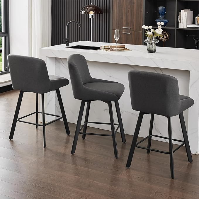 Swivel Counter Height Bar Stools Set of 2, 26''H Upholstered Barstools with Backs, Modern Bar Stool Chairs for Kitchen Island, Metal Legs, Fabric, Black Grey Stools Counter Chair