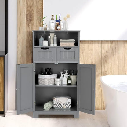 COSTWAY Bathroom Storage Cabinet, Freestanding Storage Organizer with 2 Drawers & Adjustable Shelf, Wooden Floor Cabinet for Living Room, Bedroom, Kitchen, Entryway (Gray)