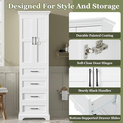 Tall Freestanding Storage Cabinet with 2 Doors & 3 Drawers, Multi-Purpose Organizer with Adjustable Shelf for Bathroom, Office, Living Room, White