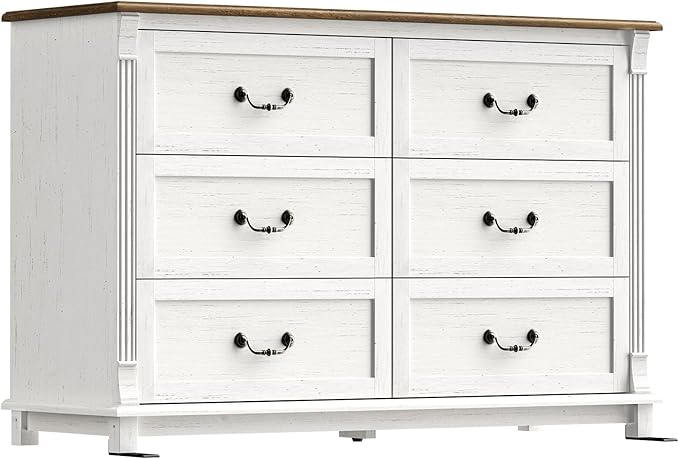 Amada 6 Drawers Dresser for Bedroom, Farmhouse 47" Wide Dresser & Chest of Drawers with Roman Column Design, Large Storage Organizer with 6 Drawer Sizes for Bedroom, Living Room