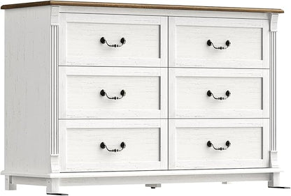 Amada 6 Drawers Dresser for Bedroom, Farmhouse 47" Wide Dresser & Chest of Drawers with Roman Column Design, Large Storage Organizer with 6 Drawer Sizes for Bedroom, Living Room