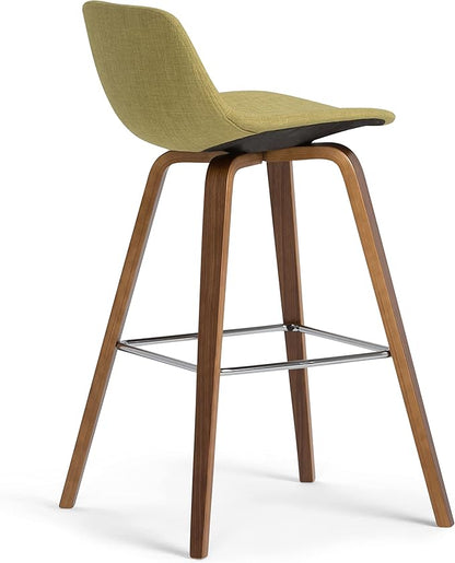 SIMPLIHOME Randolph Counter Stools (Set of 2) - 28 Inch Seat Height Upholstered Bentwood Kitchen Seats in Acid Green Linen Look Fabric, Mid Century Modern Seating with Curved Backrest and Footrest