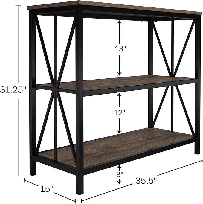 Lavish Home 3-Tier Industrial Bookshelf - Freestanding Open Bookcase for Home or Office Organization and Storage - Book Organizer (Brown Woodgrain)