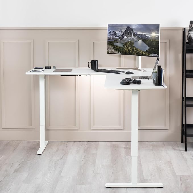 VIVO Corner Standing Desk, 75 x 63 inch Reversible L-Shaped Workstation, Electric Height Adjustment, Home, Office, and Reception Rooms, White Table Top White Frame, DESK-E3CTW-75