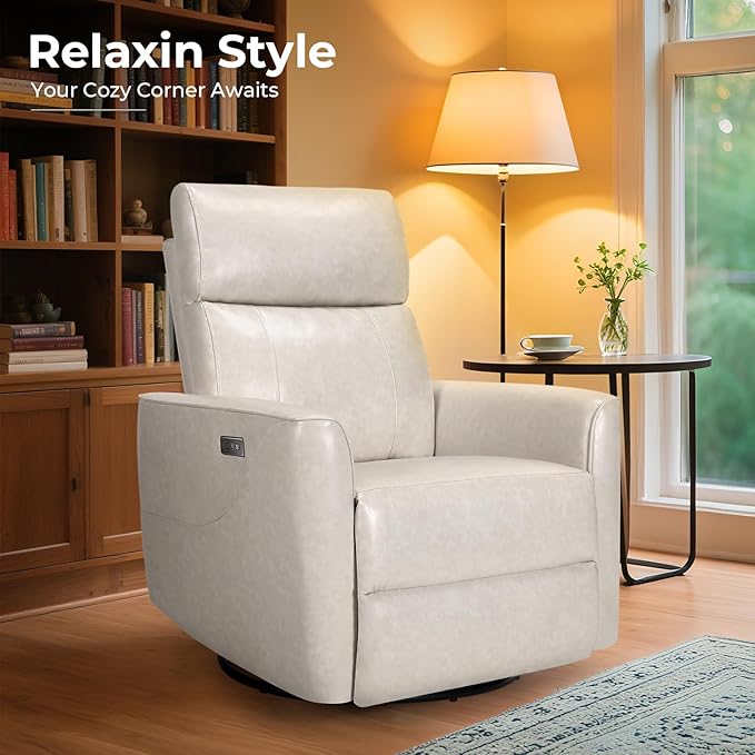 Homdox Power Recliner Chair Swivel Glider with Massage and Heat, Oversized Swivel Rocker Chair, Living Room Nursery Reclining Chair with USB, Faux Leather, for Small Spaces, Ivory