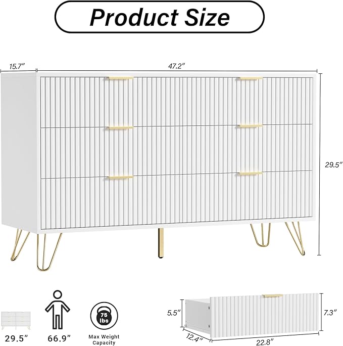 White Dresser for Bedroom, Modern Dresser with Gold Metal Handles & Chests of Drawers for Bedroom, 15.7" D x 47.2" W x 29.5" H