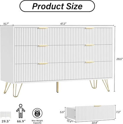 White Dresser for Bedroom, Modern Dresser with Gold Metal Handles & Chests of Drawers for Bedroom, 15.7" D x 47.2" W x 29.5" H
