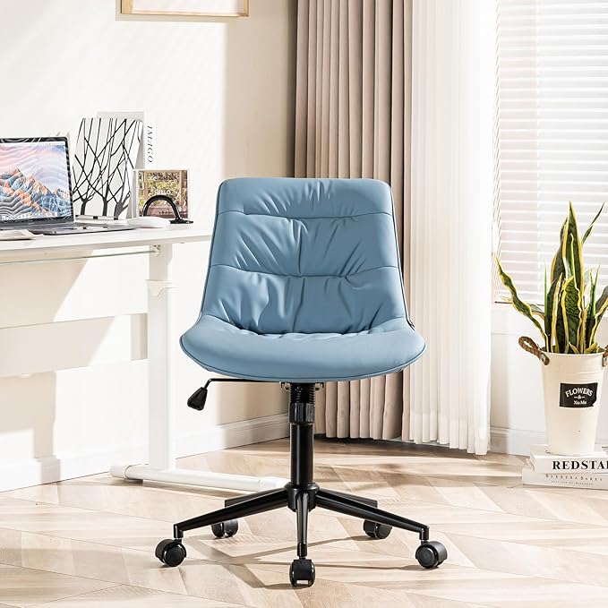 Rowill Leather Office Chair, Ergonomic Armless Desk Chair with Waterproof Cushion & Slient Wheels & SGS-Certified Class 3 Explosion-Proof Gas Lift, Ideal for Home Office, Study and Vanity(Blue)
