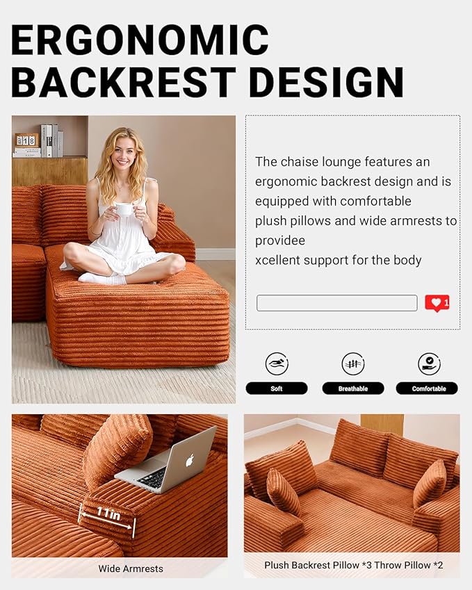 108" Cloud Sectional Couch,Modern Modular Sectional Sofa with Deep Seat,Corduroy Boneless Couches with L-Shape Chaise for Living Room,No Assembly Required (Orange, Right Facing Chaise)