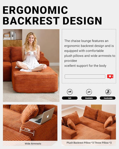 108" Cloud Sectional Couch,Modern Modular Sectional Sofa with Deep Seat,Corduroy Boneless Couches with L-Shape Chaise for Living Room,No Assembly Required (Orange, Right Facing Chaise)