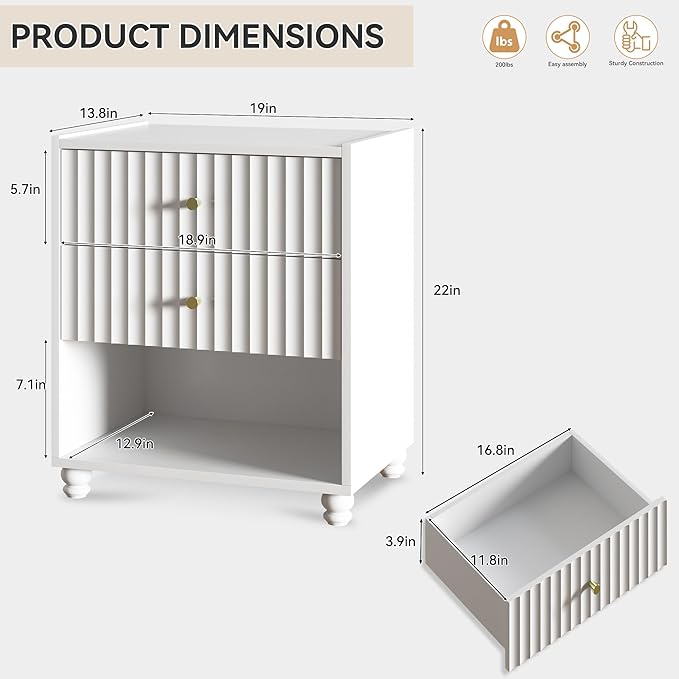 Modern Nightstand Set of 2, Fluted End Table with Open Shelf, Night Stand with 2 Drawers for Bedroom (2,White)