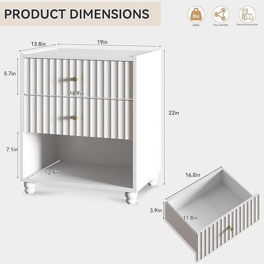 Modern Nightstand Set of 2, Fluted End Table with Open Shelf, Night Stand with 2 Drawers for Bedroom (2,White)