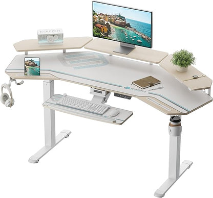 EUREKA ERGONOMIC Standing Desk with Keyboard Tray, Large Music Studio Gaming Desk, Wing Shaped Sit Stand Table 72'', LED Convertible Shelves, Dual Motor&Slot, Maple
