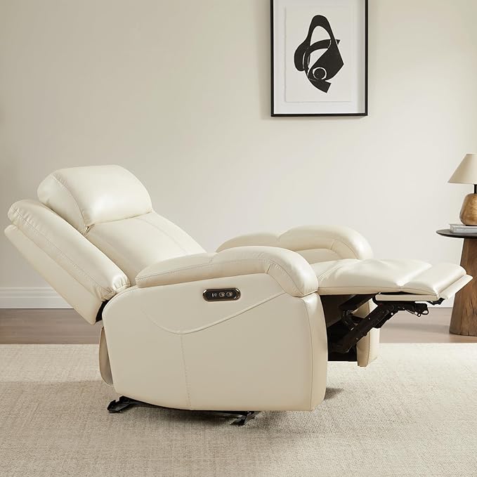 Watson & Whitely Oversized Genuine Leather Power Recliner Chairs for Big and Tall, Wall Hugger Recliner with Power Headrest & Charging Ports, Extra Large Reclining Chair for Living Room, Cream