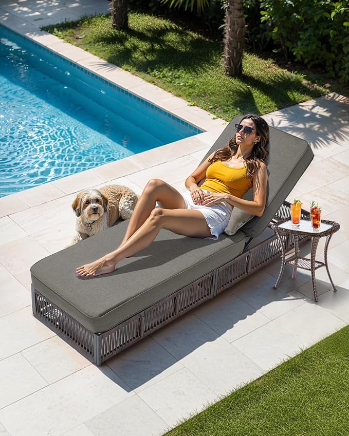 Luxury Outdoor Chaise Lounges with 5 Inch Thickened Cushions - Set of 4 High Back Brown Wicker Patio Recliners Rattan Reclining Chairs Porch Poolside Pool Sunbathing Lounger- Grey