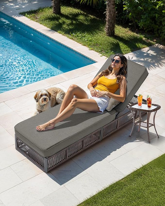 Luxury Outdoor Chaise Lounge with 5 Inch Thickened Cushions - 1 Set High Back Brown Wicker Patio Recliners Rattan Reclining Chairs Porch Poolside Pool Sunbathing Lounger - Grey