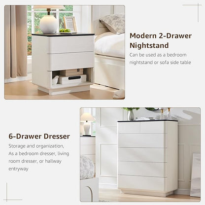 ACCOHOHO Modern Bedroom Set, 3 Pieces Bedroom Furniture Set, Wood 6 Drawer Dresser and Nightstands Set of 2, Chest of Drawers Wide Storage Organizer Cabinet for Bedroom, White