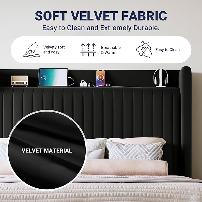 Allewie Queen Size Platform Bed Frame with USB Charging Station and Storage Shelf/Upholstered Velvet Wingback Headboard/Wooden Slats Support/No Box Spring Needed/Easy Assembly, Black