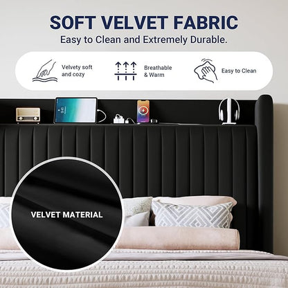 Allewie Full Size Platform Bed Frame with USB Charging Station and Storage Shelf/Upholstered Velvet Wingback Headboard/Wooden Slats Support/No Box Spring Needed/Easy Assembly, Black