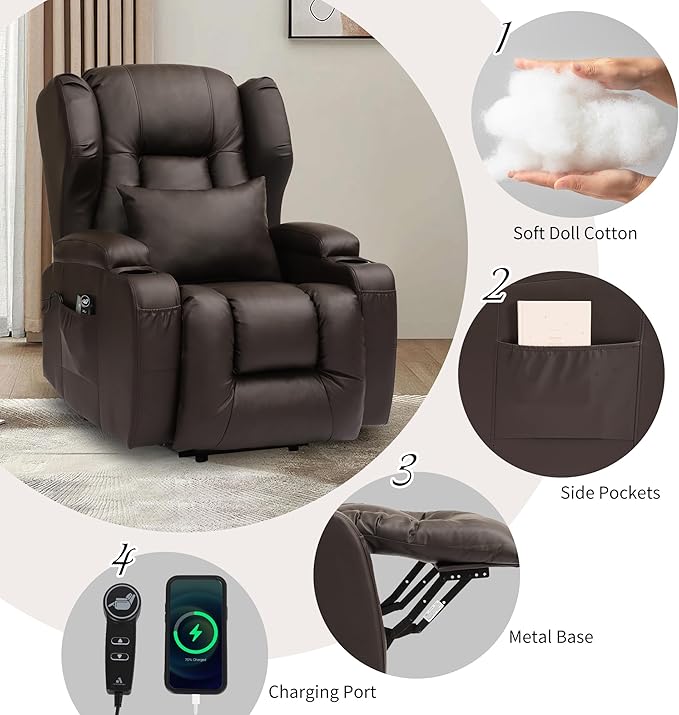 URRED Power Lift Recliner Chair for Elderly, Electric Massage Recliner with Heat, Infinite Position Adjustment, Faux Leather Lift Chair with Cup Holders, Side Pockets & USB Port – Brown