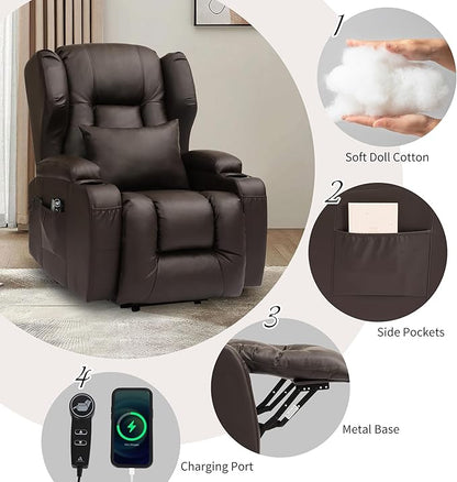 URRED Power Lift Recliner Chair for Elderly, Electric Massage Recliner with Heat, Infinite Position Adjustment, Faux Leather Lift Chair with Cup Holders, Side Pockets & USB Port – Brown
