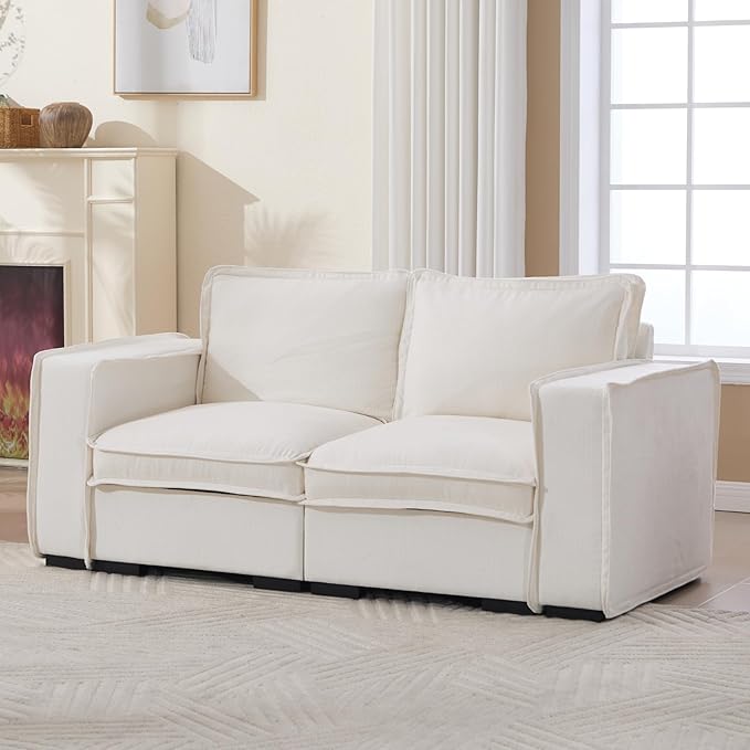 Modern Sectional Sofa for Living Room, Upholstered 2-Seater Modular Couches Linen Fabric Love Seat for Home Furniture, White