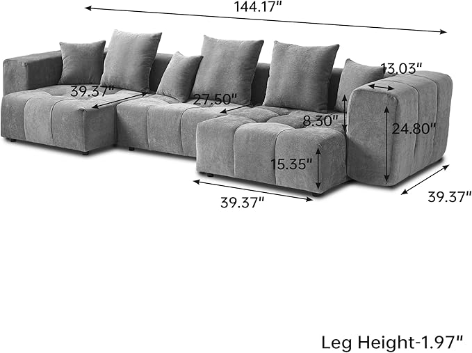 WJShome 144" Sectional Couches for Living Room,Modular Sectional Sofa, U Shaped Couch, Linen Deep Seat Cloud Couches with Pillow for Living Room,Gray