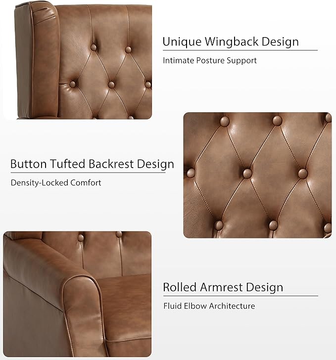 Lumibee High Back Accent Chair,Upholstered Faux Leather Wingback Armchair with Solid Wood Legs for Small Spaces,Comfy Single Sofa Chair for Living Room,Bedroom,Office-Brown