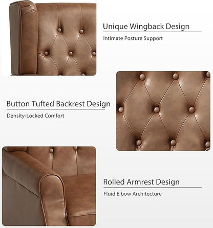 Lumibee High Back Accent Chairs Set of 2,Upholstered Faux Leather Wingback Armchairs with Solid Wood Legs for Small Spaces,Comfy Single Sofa Chairs for Living Room,Bedroom,Office-Brown