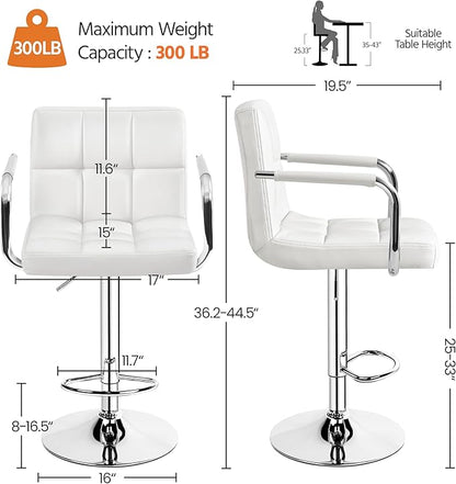 Yaheetech Bar Stools Set of 2, PU Leather Adjustable Swivel Barstools, Hydraulic Kitchen Counter Height Bar Chairs with Armrest and Back for Bar, Kitchen, Dining Room, White