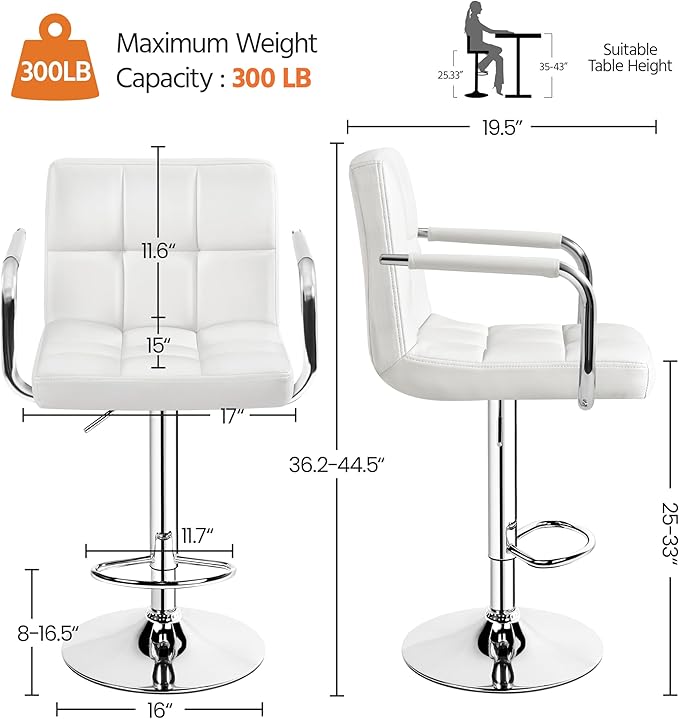 Yaheetech Bart Stools Set of 4, PU Leather Adjustable Barstools with Armrest, Counter Height Stool Chairs with Thickened Seat Cushion for Kitchen Island, White