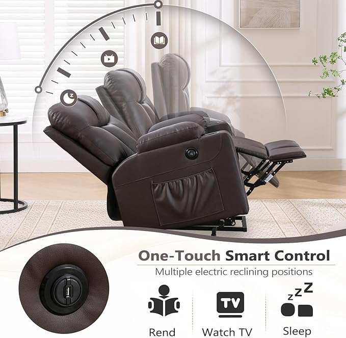 ANJ Brown Power Lift Recliner Chair for Elderly with Heat & Massage, Faux Leather Electric Recliner Sofa with Cup Holders, USB Port & Side Pockets, Heavy Duty Reclining Chair for Seniors